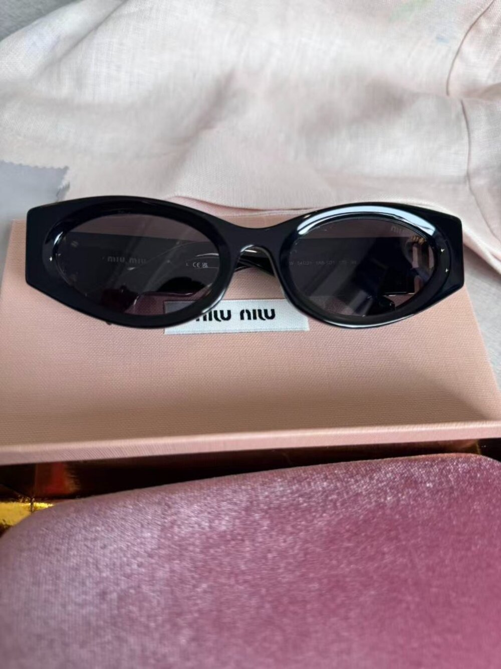 Miu Miu SMU 11W Black Logo Sunglasses Gold Detail Narrow Frame Italy